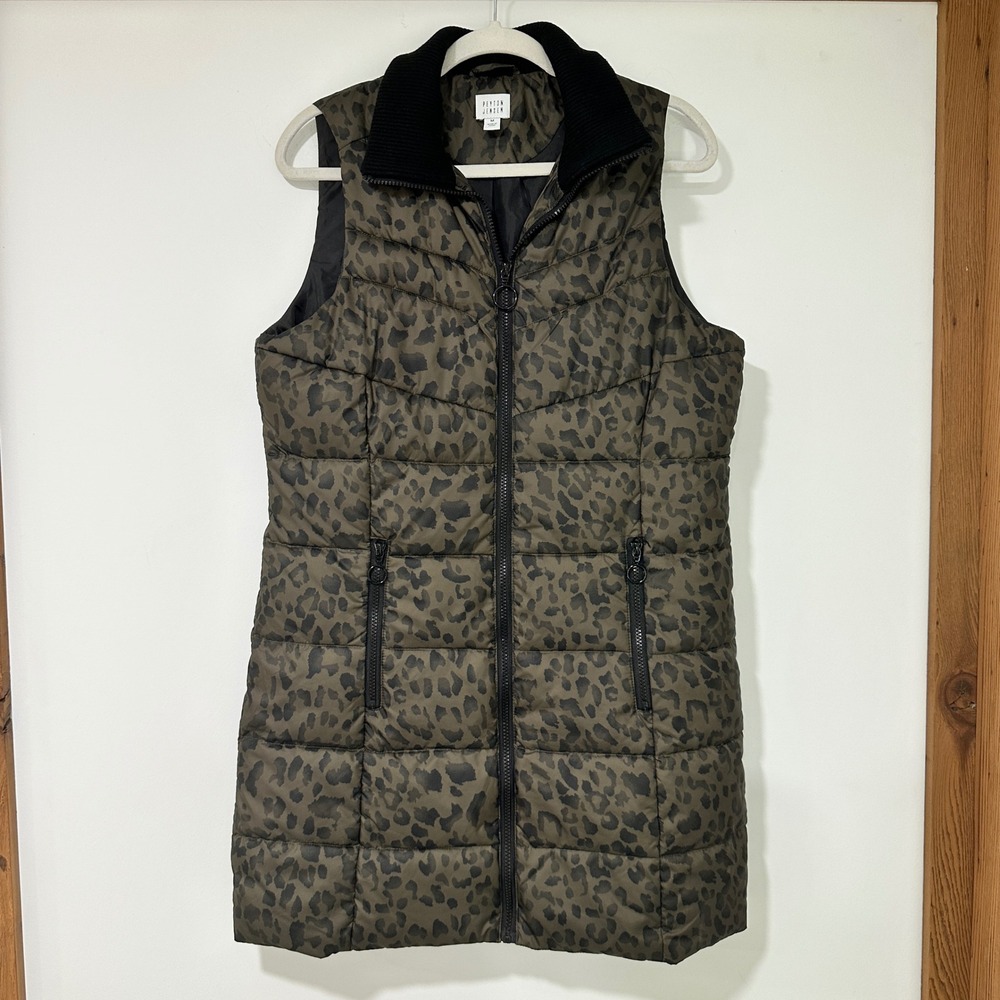 Peyton Jensen Long Puffer Vest Womens M Olive Leopard Print Quilted Zip